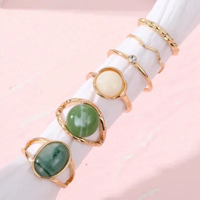 6pcs Geometric Faux Green Jade Knuckle Rings